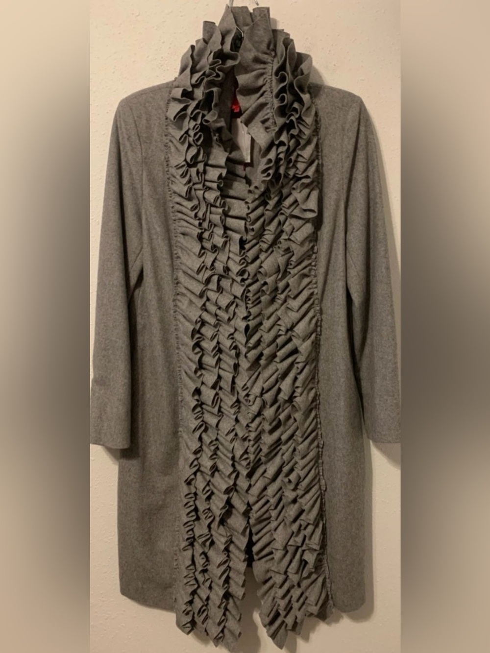 SINCLAIRE 10 Ruffle Front Coat Jacket Charcoal Gray 55% Wool 45% Viscose